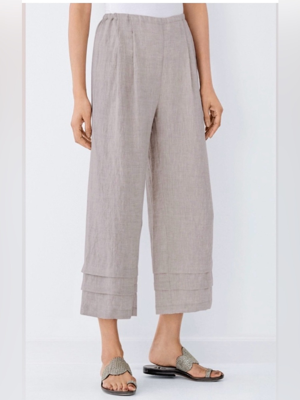 Go Lightly Adria 100% Linen Wide Leg Cropped Pants Layered Hem Size 10-12